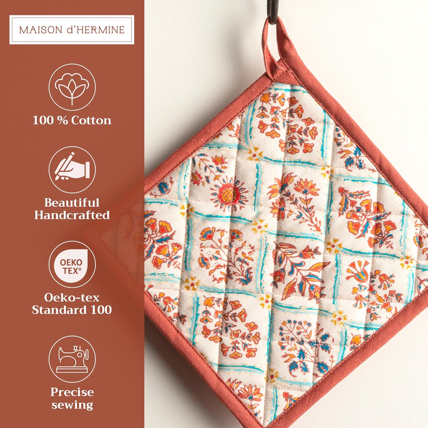 Maison d' Hermine Pot Holders Set 100% Cotton Heat Resistant Potholders 8" x 8" Hot Pads with Loop BBQ, Cooking, Baking, Grilling, Kitchen, Handling Hot Pans (Pack of 2, Romane)