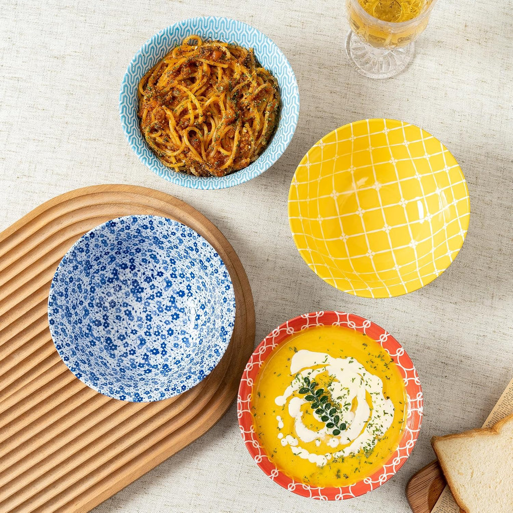 Bowl Set of 4, 23 OZ Large Colorful Bowls Set, 6 Inches Boho Bowls, Bohemia Ceramic Bowls for Kitchen Soup Cereal Salad, Dishwasher and Microwave Safe