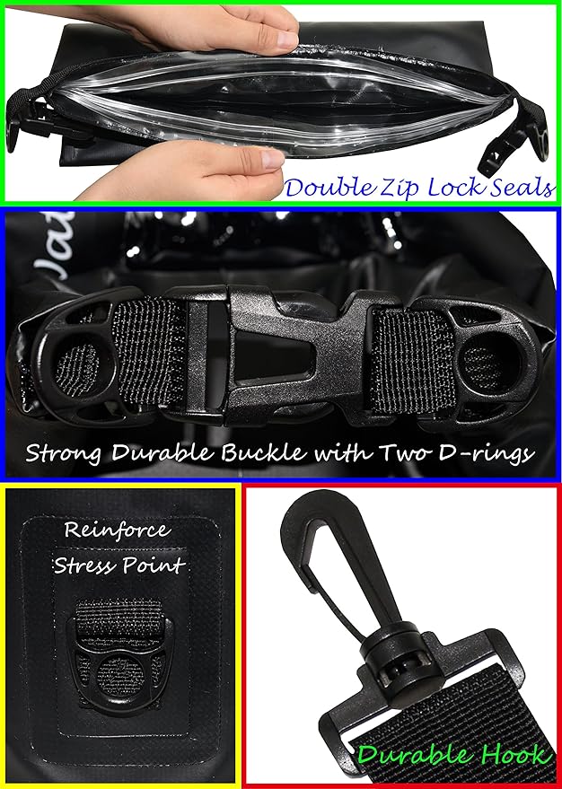 Waterproof Dry Bags Set Of 3 Dry Bag With 2 Zip Lock Seals & Detachable Shoulder Strap, Waist Pouch & Phone Case - Can Be Submerged Into Water - For Swimming (Black, 5L)