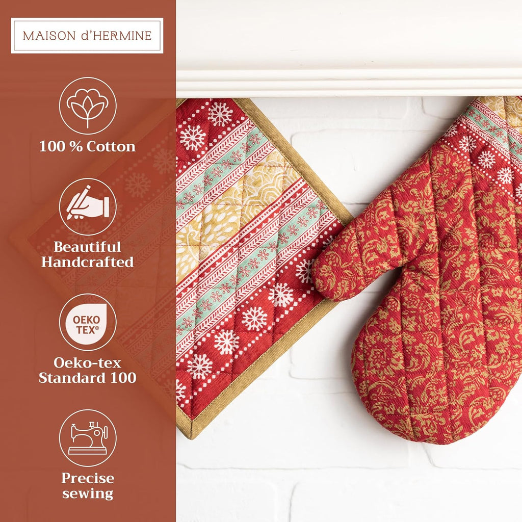 Maison d' Hermine 100% Cotton Oven Mitt & Pot Holder Set (7.5"x13" & 8"x8") Heat Resistant BBQ Cooking Gloves with Loop, Baking, Grilling, Kitchen, Handling Hot Pans (Sofia)