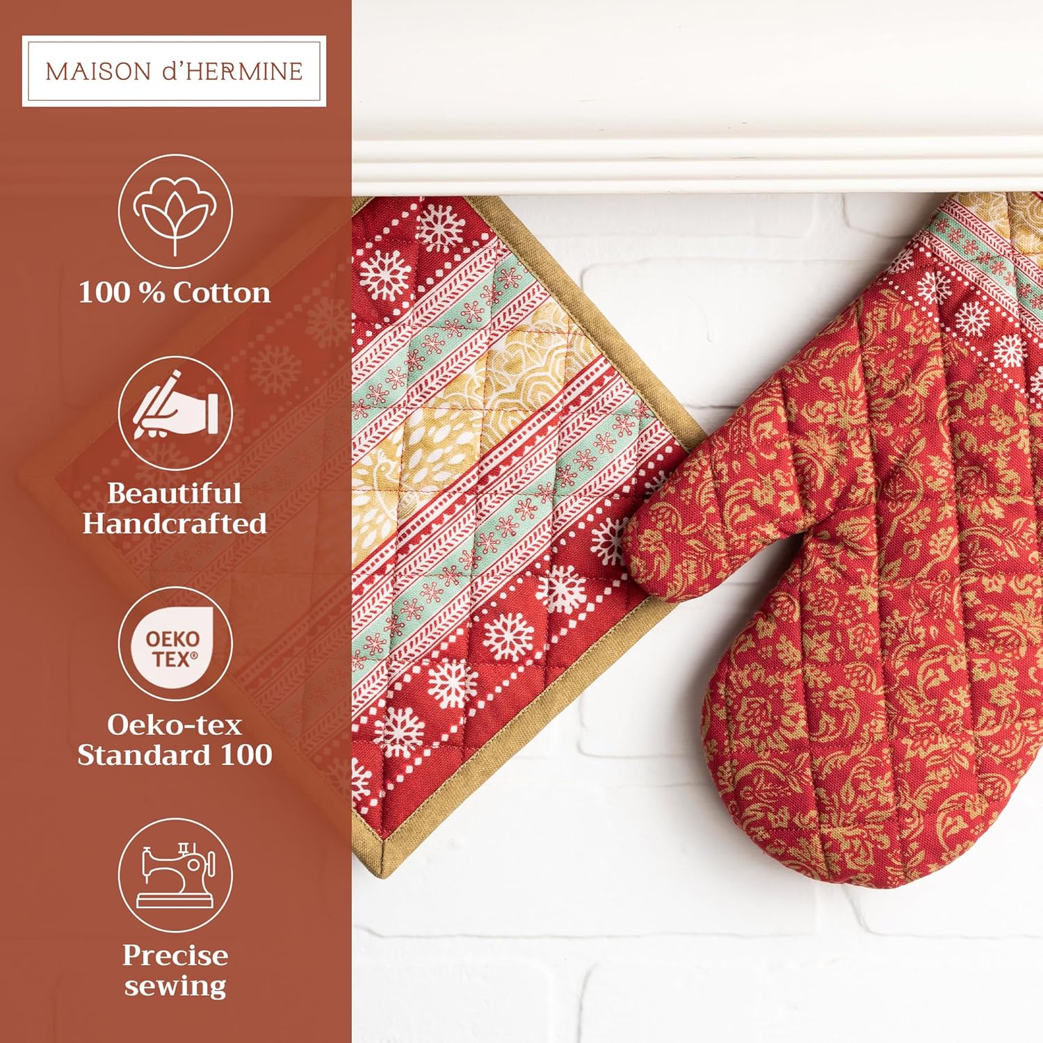 Maison d' Hermine 100% Cotton Oven Mitt & Pot Holder Set (7.5"x13" & 8"x8") Heat Resistant BBQ Cooking Gloves with Loop, Baking, Grilling, Kitchen, Handling Hot Pans (Sofia)