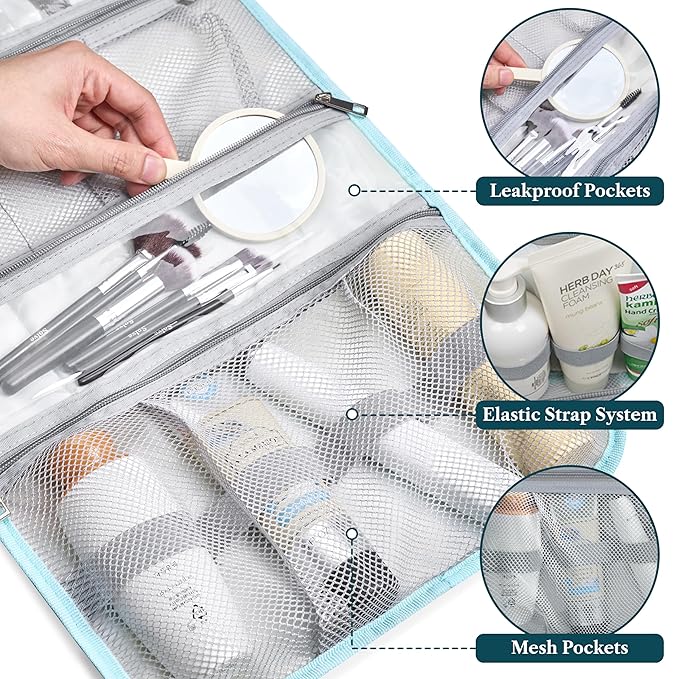 PAVILIA Hanging Toiletry Bag Women Men, Travel Kit Foldable Large Toiletries Organizer, Roll up Cosmetics Makeup Bag Accessories, Waterproof Essentials Jewelry Case (Teal Chevron)