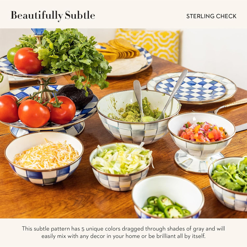 MACKENZIE-CHILDS Enamel Everyday Bowl, Serving Bowl for Entertaining, Small, Gray-and-White Sterling Check, Set of 1