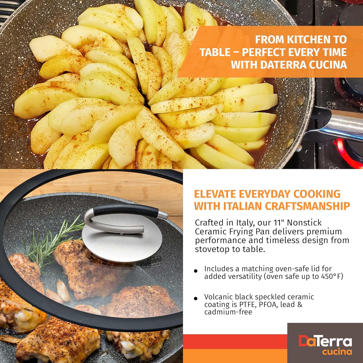 DaTerra Cucina 11" Nonstick Ceramic Frying Pan with Lid – Oven & Induction Safe, High Heat Resistant Nonstick Cookware, Dishwasher Safe, Durable & Stylish - Volcanic Black Speckled – Made in Italy