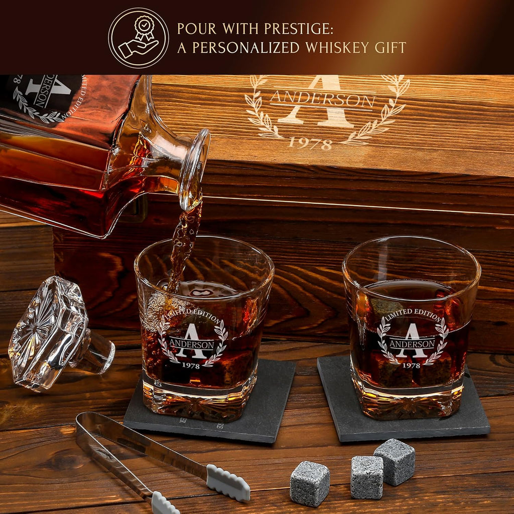 Personalized Whiskey Decanter and Stones Set - Customized Gift for Him - Men, Dad, Father - Engraved Classic Decanter, Glasses, 9 Granite Stones in Container, Coasters, Tongs in Wooden Gift Box