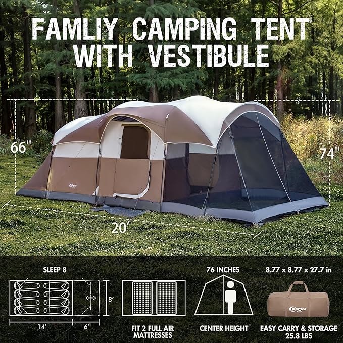 PORTAL 6/8/10 Person Family Camping Tent with Screen Room, Water Resistant Big Tunnel Tent with Rainfly, Large Family Tent for Outdoor Camping, Party