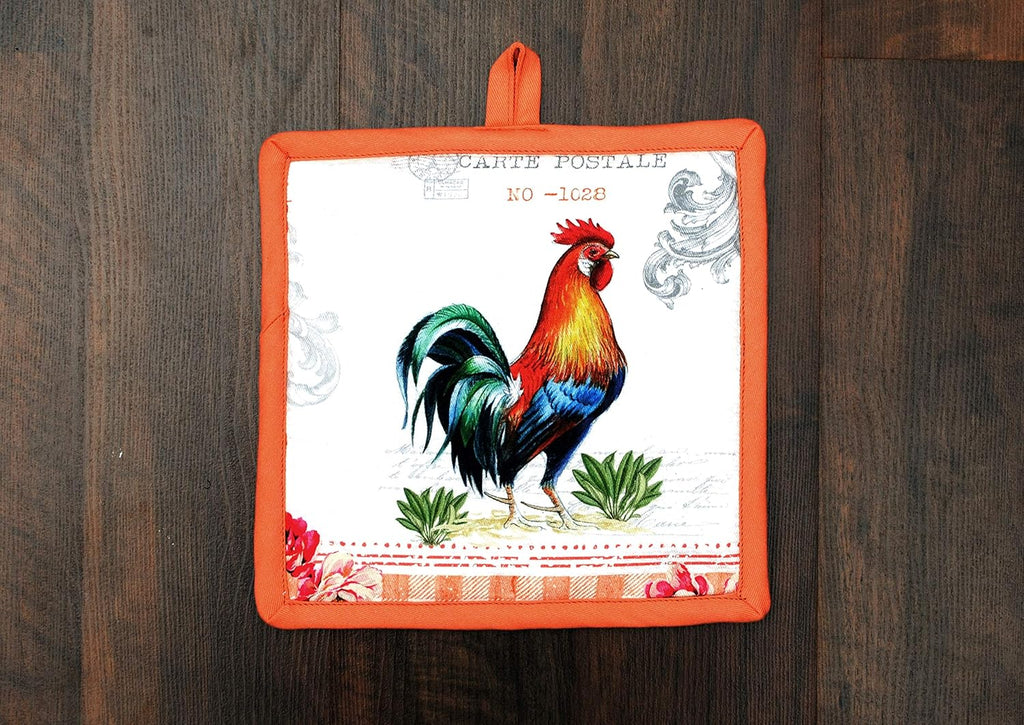 AMOUR INFINI Pot Holders Easter Decor Heat Resistant Cotton Set of 2 Nonslip 8"x8" Inch Hot Pads for Kitchen, BBQ, Baking & Cooking with Hanging Loops (Farm Rooster)
