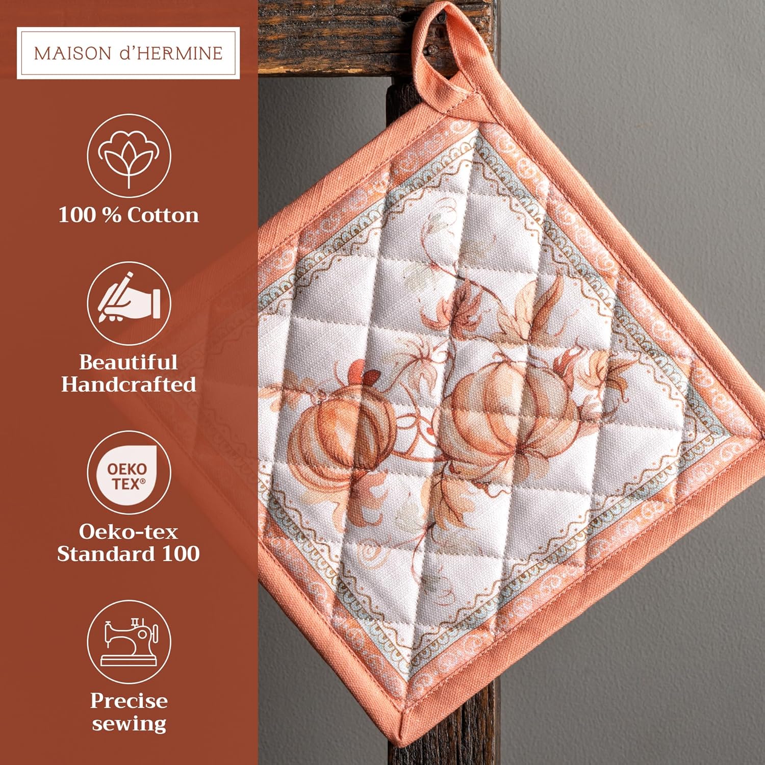 Maison d' Hermine Pot Holders Set 100% Cotton Heat Resistant Potholders 8" x 8" Hot Pads with Loop BBQ, Cooking, Baking, Grilling, Kitchen, Handling Hot Pans (Pack of 2, Giving Thanks)