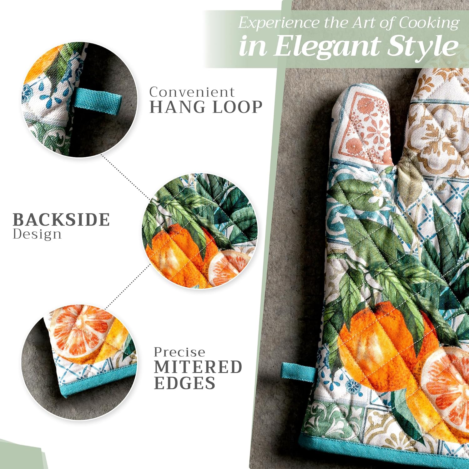 Maison d' Hermine 100% Cotton Oven Mitt & Pot Holder Set (7.5"x13" & 8"x8") Heat Resistant BBQ Cooking Gloves with Loop, Baking, Grilling, Kitchen, Handling Hot Pans Spring/Summer (Agrume)