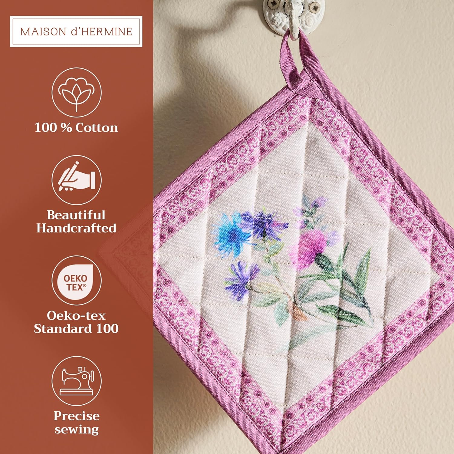 Maison d' Hermine Pot Holders 100% Cotton Heat Resistant Potholders 8" x 8" Hot Pads with Loop BBQ, Cooking, Baking, Grilling, Kitchen, Handling Hot Pans Spring/Summer (Pack of 1, Chardon)