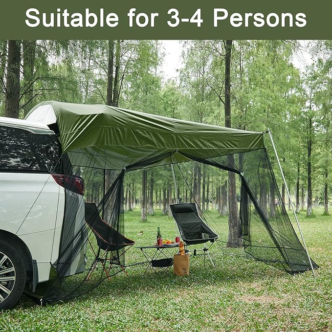 G4Free Car Awning Sun Shelter with Mosquito Net, Portable SUV Tent Tailgate Shade Canopy for Outdoor Camping Travel (Army Green)