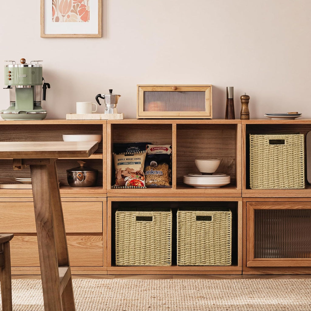 UBBCARE 3 Pack Wicker Basket, 11L×11H×10.5W inch Woven Paper Rope Storage Baskets for shelves, Foldable Cube Storage bin with Handle, Storage Basket for Organizing & Decor, Natural