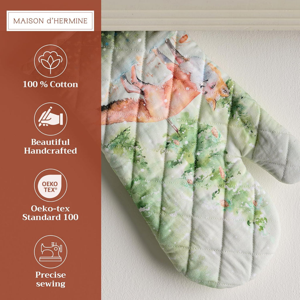 Maison d' Hermine Oven Gloves 100% Cotton Oven Mitt 7" x 13" with Loop Heat Resistant, BBQ, Cooking Gloves, Baking, Grilling, Kitchen, Handling Hot Pans (Pack of 1, Winter Mornings)