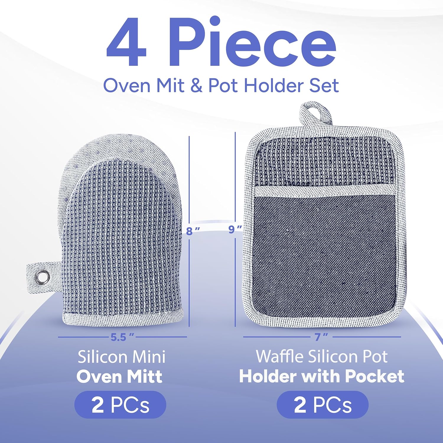 Casa Platino Silicone Oven Mitts & Potholders, 4-Piece – Pot Holders and Oven Mitts for BBQ & Baking, Oven Mitt for Kitchen & Microwave – Heat Resistant Up to 500°F, Durable & Flexible – Indigo