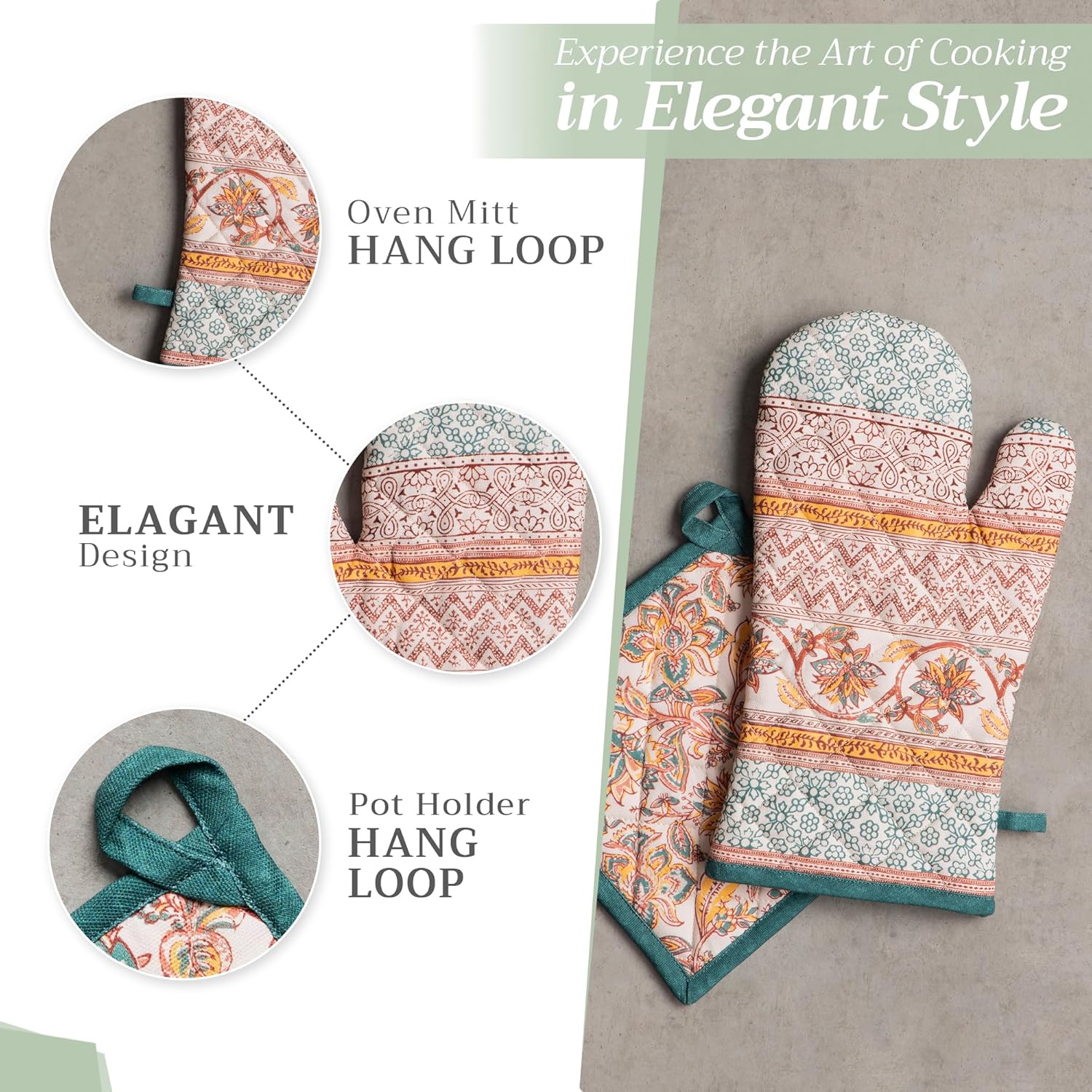 Maison d' Hermine 100% Cotton Oven Mitt & Pot Holder Set (7.5"x13" & 8"x8") Heat Resistant BBQ Cooking Gloves with Loop, Baking, Grilling, Kitchen, Handling Hot Pans (Nila)