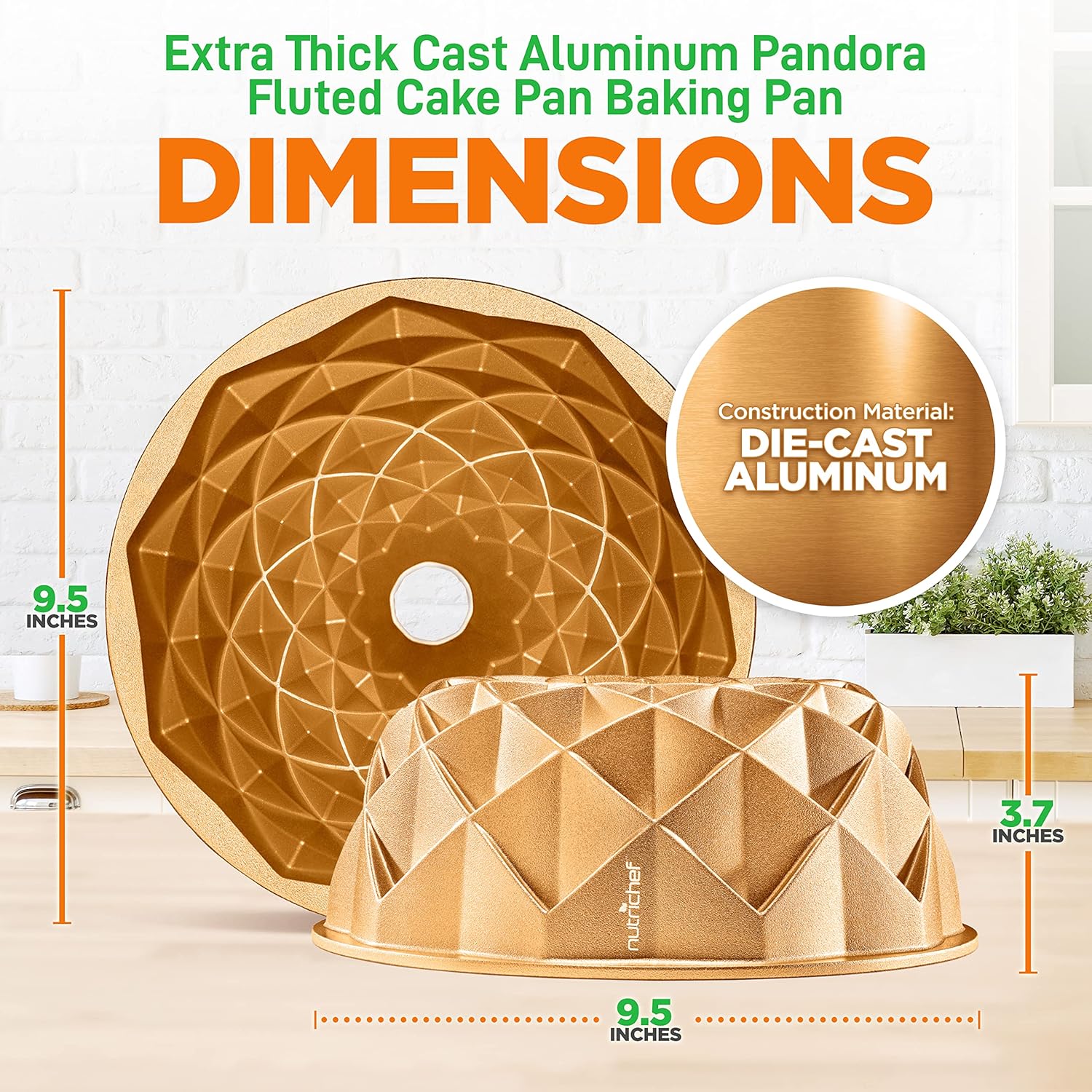 NutriChef 9-Inch Cake Pan - Thick and Heavy Cast Aluminum Bakeware Cake Mold with 2 Layers of Nonstick Coating - French Wreath Design for Uniform Baking Up To 500 Degrees - Easy to Clean, Gold