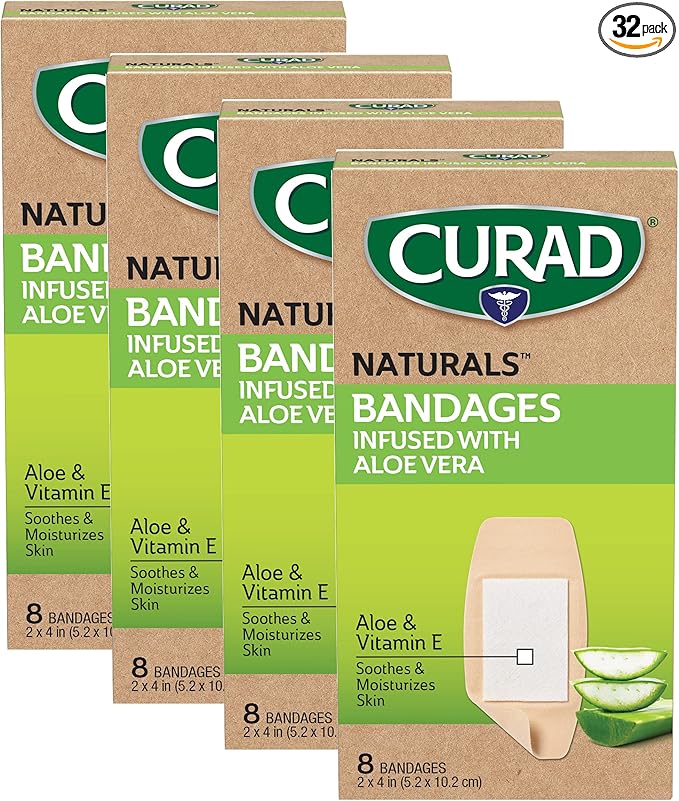 CURAD Naturals Aloe Vera & Vitamin E Bandages 2" x 4", Individually Wrapped Sterile Bandage, First Aid Kit Essential, Protects Scrapes and Cuts, Absorbent and Self-Adhesive, 8-Count-4 Boxes