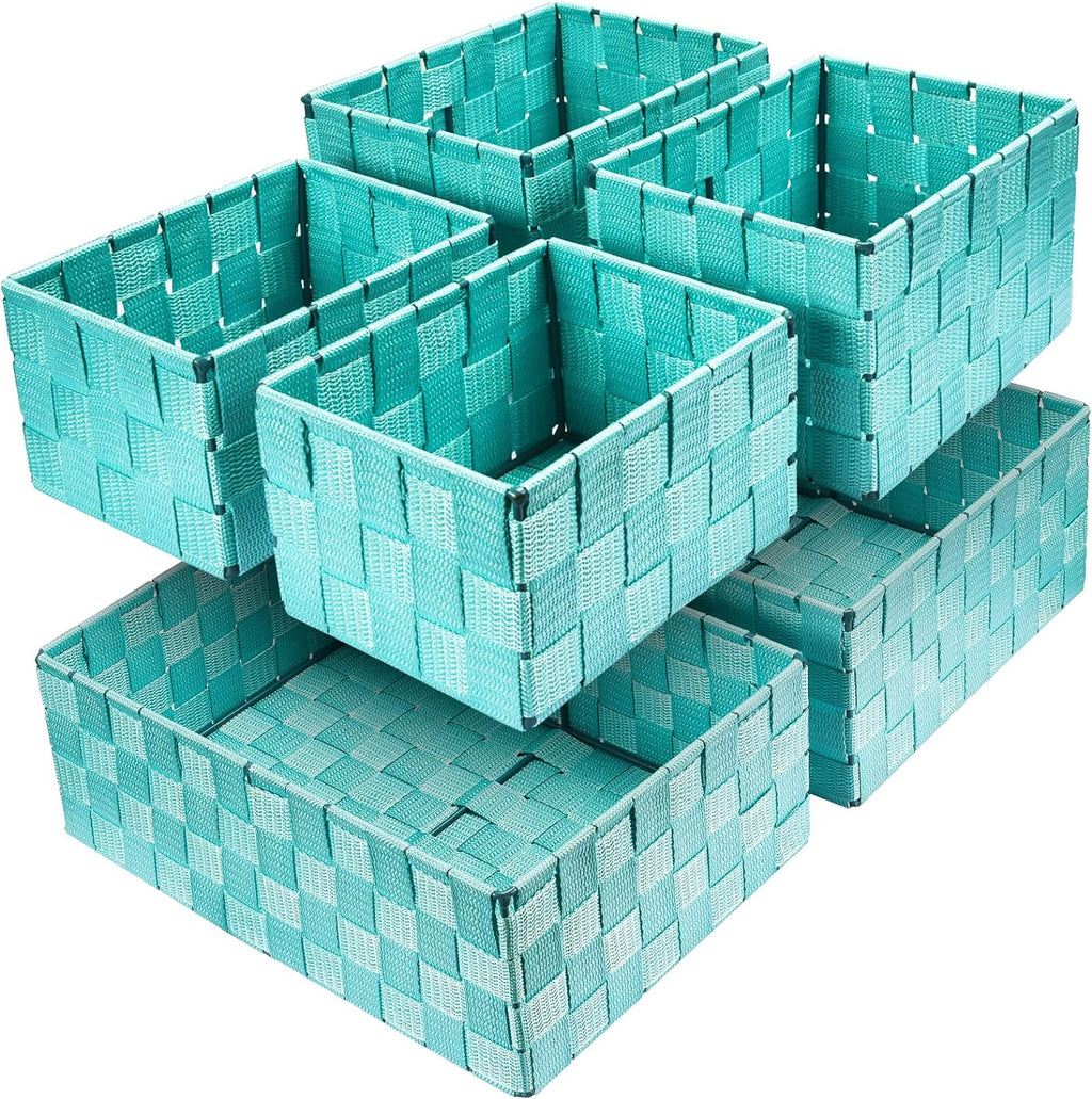 Woven Storage Baskets, Storage Bins, Cube Basket Container Baskets Storage Boxes Organizers for Clothes /Shelves/ Closet, Set of 6 (Aqua)