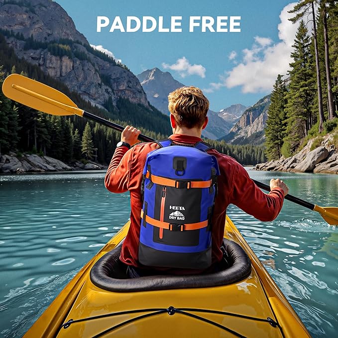 HEETA Waterproof Dry Bags Backpack 40L for Men & Women, Roll Top Heavy Duty Cushioned Hiking Backpack for Kayaking Boating Paddle Boarding Fishing Travel Camping Beach Vacation Cruise Ship Essentials