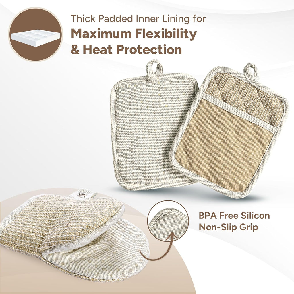 Casa Platino Mini Oven Mitts & Silicone Pot Holders, 4-Piece – Heat Resistant Gloves for Cooking & BBQ, Hot Pads for Kitchen – Withstands Up to 500°F, Non-Slip & Machine Washable – Beige