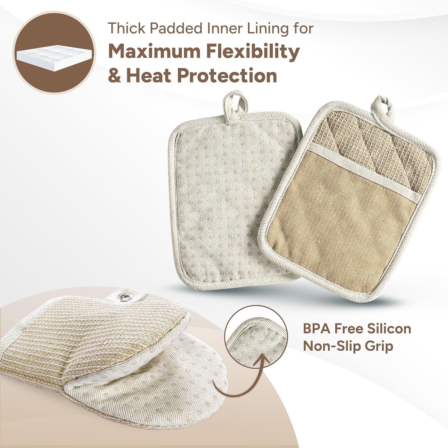 Casa Platino Mini Oven Mitts & Silicone Pot Holders, 4-Piece – Heat Resistant Gloves for Cooking & BBQ, Hot Pads for Kitchen – Withstands Up to 500°F, Non-Slip & Machine Washable – Beige