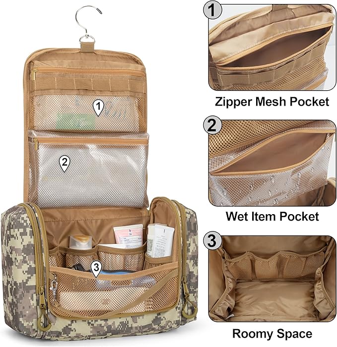 Tactical Toiletry Travel Bag for Men, Hanging Dopp Kit Hygiene Bag Shower Organizer with Hook for Toiletries and Shaving Care, Desert Yellow (Empty Bag)