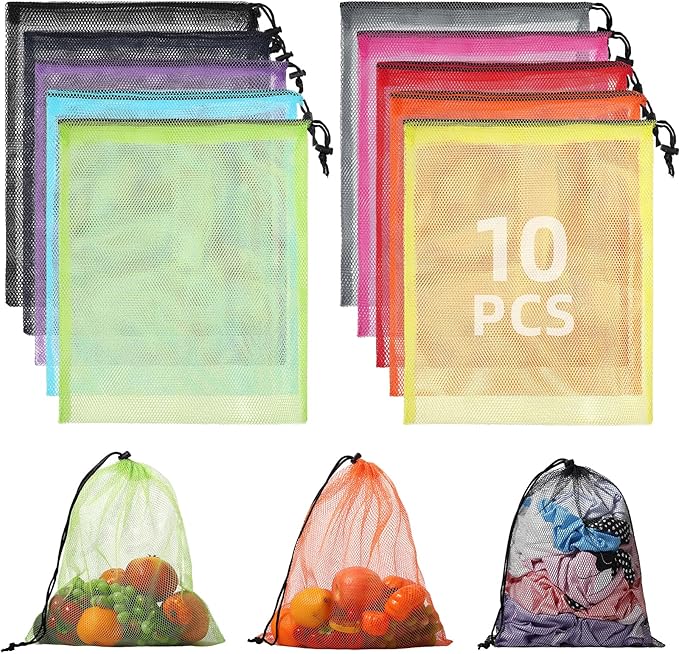 Mesh Drawstring Bag Durable Delicate Mesh Laundry Bag Multicolor Nylon Mesh Bag Small Mesh Gym Bag Travel Mesh Beach Bag Locking Closure Drawstring Bag For College, Gym, Yoga, Sport, 10pcs