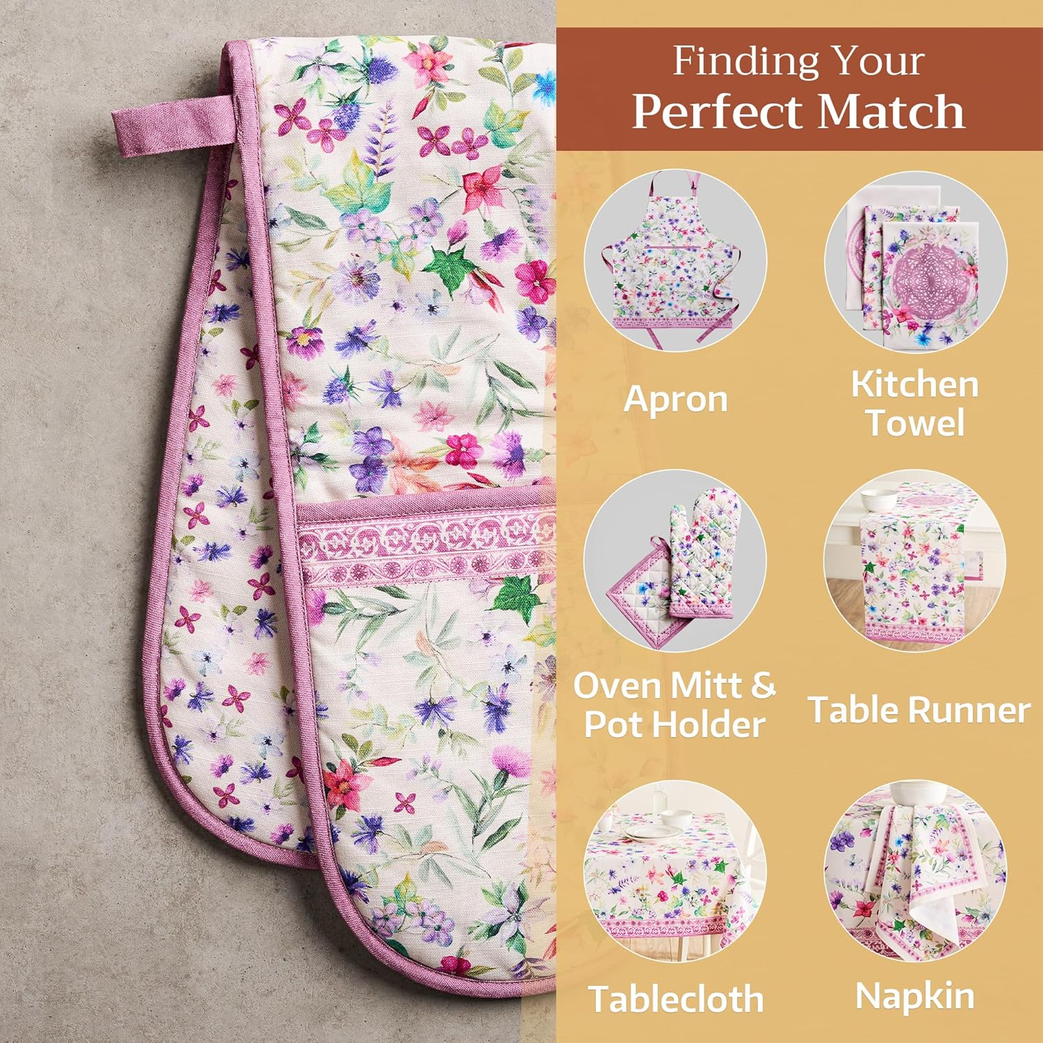 Maison d' Hermine Double Oven Mitts 100% Cotton 7"x35" Double Oven Mitt Heat Resistant BBQ Cooking Gloves with Loop, Baking, Grilling, Home, Kitchen, Handling Hot Pans Spring Summer (Chardon)