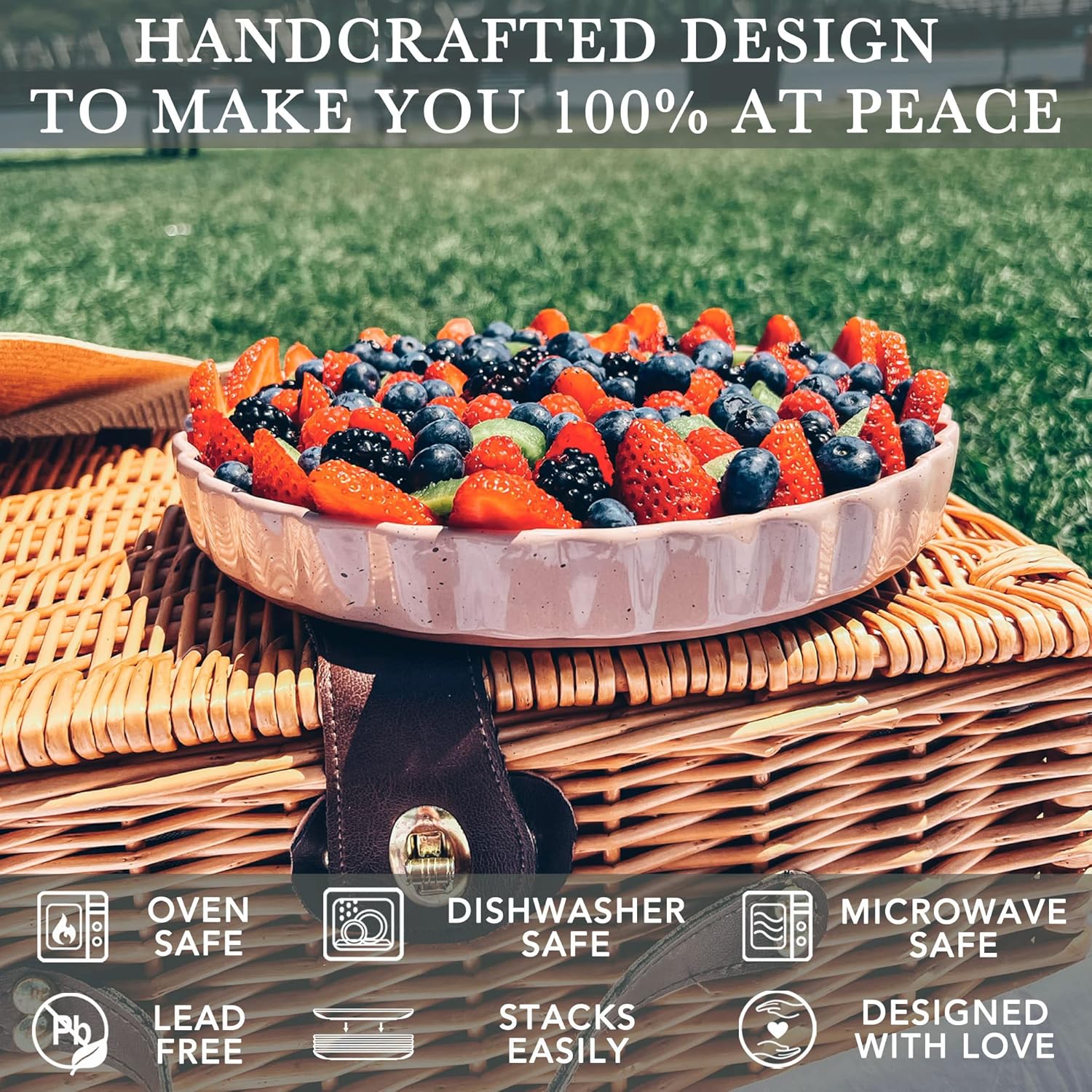 Mora Ceramic Tart Pan, 9.5 Inch Large Porcelain Baking Dish for Tarts, Quiche, Pie, Flan etc. Fluted Ruffled Edge, Oven, Microwave, Freezer, and Dishwasher safe - Great Gift For Bakers - Chai