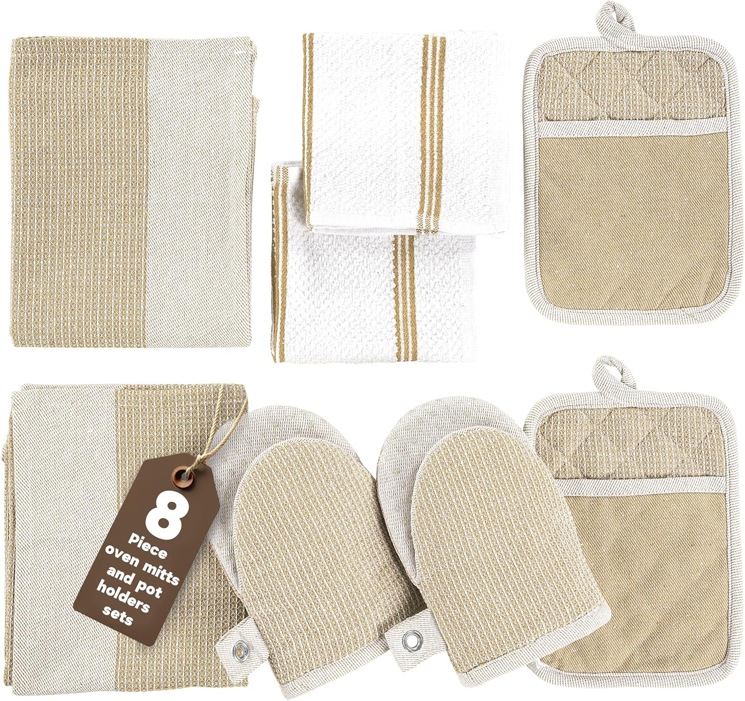 Casa Platino Pot Holders and Oven Mitts, 8-Piece – 500°F Heat Resistant Mini Oven Mitts with Silicone Grip, Potholders for Kitchens, 2 Kitchen Towels & 2 Dish Cloths – Non-Slip & Durable – Beige