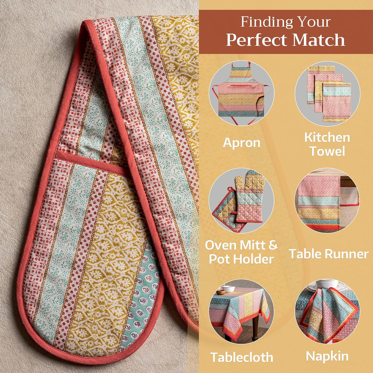 Maison d' Hermine Double Oven Mitts 100% Cotton 7"x35" Double Oven Mitt Heat Resistant BBQ Cooking Gloves with Loop, Baking, Grilling, Home, Kitchen, Handling Hot Pans Spring Summer (Provence)