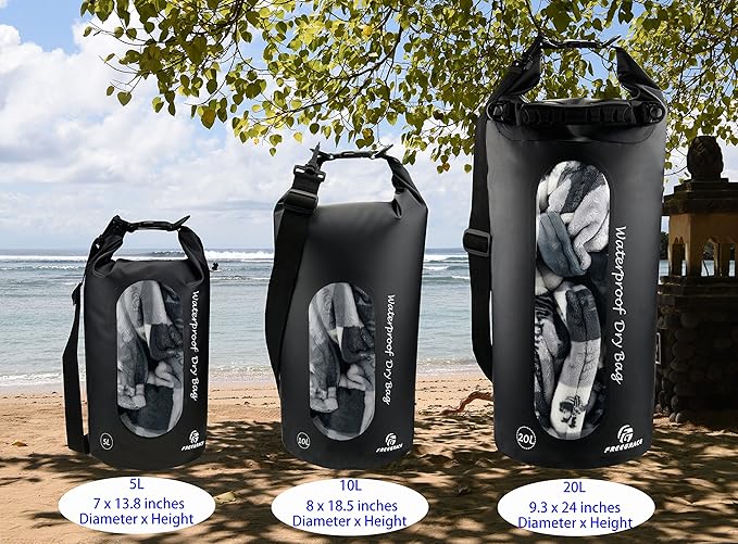 Waterproof Dry Bags Set of 3 Dry Bag with 2 Zip Lock Seals & Detachable Shoulder Strap, Waist Pouch & Phone Case - Can Be Submerged Into Water - for Swimming (Black(Window), 20L)
