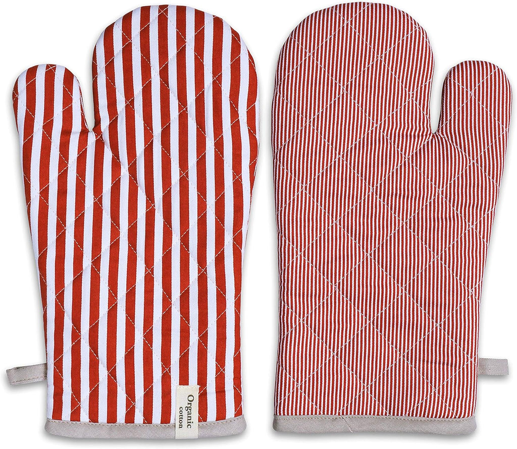 AMOUR INFINI Striped Pot Holders and Oven Mitts Heat Resistant Non Slip Reusable Set of 1 Oven Mitt and 1 Pot Holder Oven Gloves Pot Holder for Cooking (Rust)