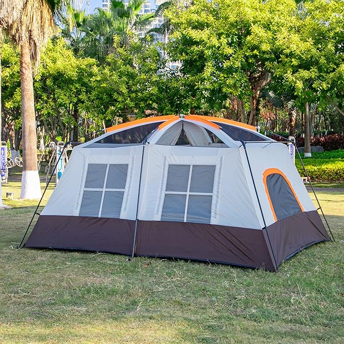 KTT Extra Large Tent 10-12-14 Person(A),Family Cabin Tents,2 Rooms,3 Doors and 3 Windows with Mesh,Straight Wall,Waterproof,Double Layer,Big Tent for Outdoor,Picnic,Camping,Family Gathering