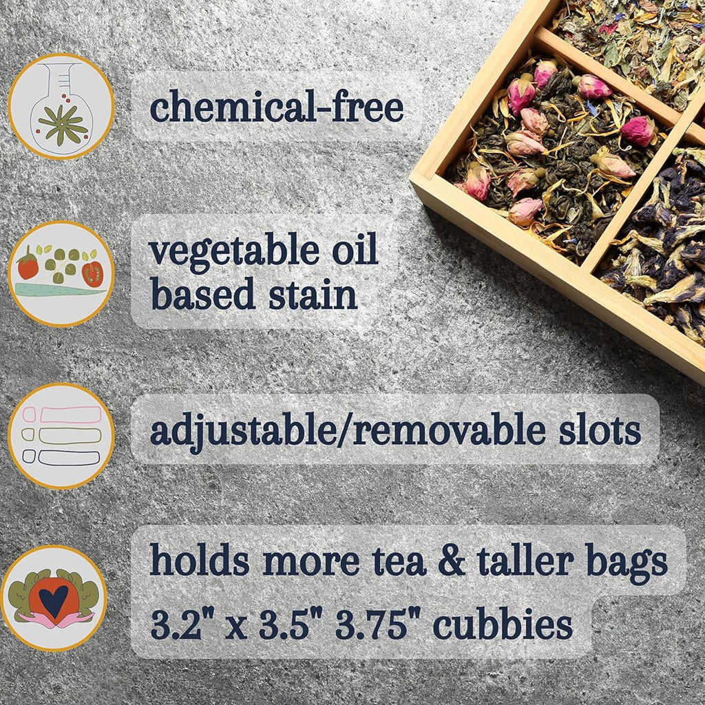 Bamboo Tea Organizer Box Chemical Free Eco-Friendly Big, Tall, Adjustable Cubbies Natural Wooden Storage Chest (4-Slot Square 7.4" x 8.1" x 4.2" Tea Time)