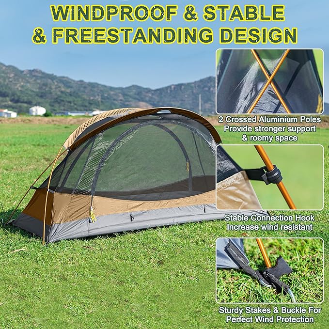 1 Person Backpacking Tent, Waterproof 4 Season Tent, Lightweight Cold Weather Tent Easy Setup for Winter Hiking, Camping, Hunting
