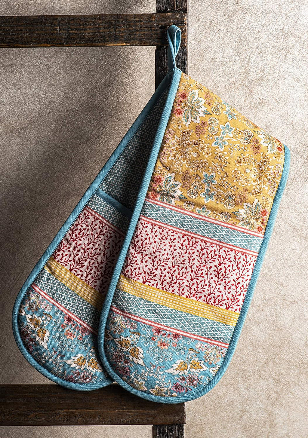 Maison d' Hermine Double Oven Mitts 100% Cotton 7"x35" Double Oven Mitt Heat Resistant BBQ Cooking Gloves with Loop, Baking, Grilling, Home, Kitchen, Handling Hot Pans Spring Summer (Marquise)