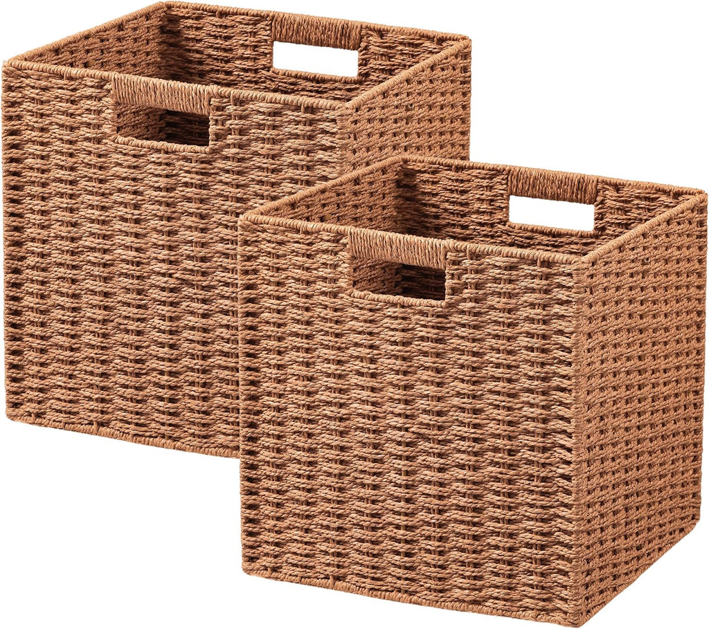 UBBCARE 2 Pack Wicker Basket, 11L×11H×10.5W inch Woven Paper Rope Storage Baskets for shelves, Foldable Cube Storage bin with Handle, Storage Basket for Organizing & Decor, Caramel