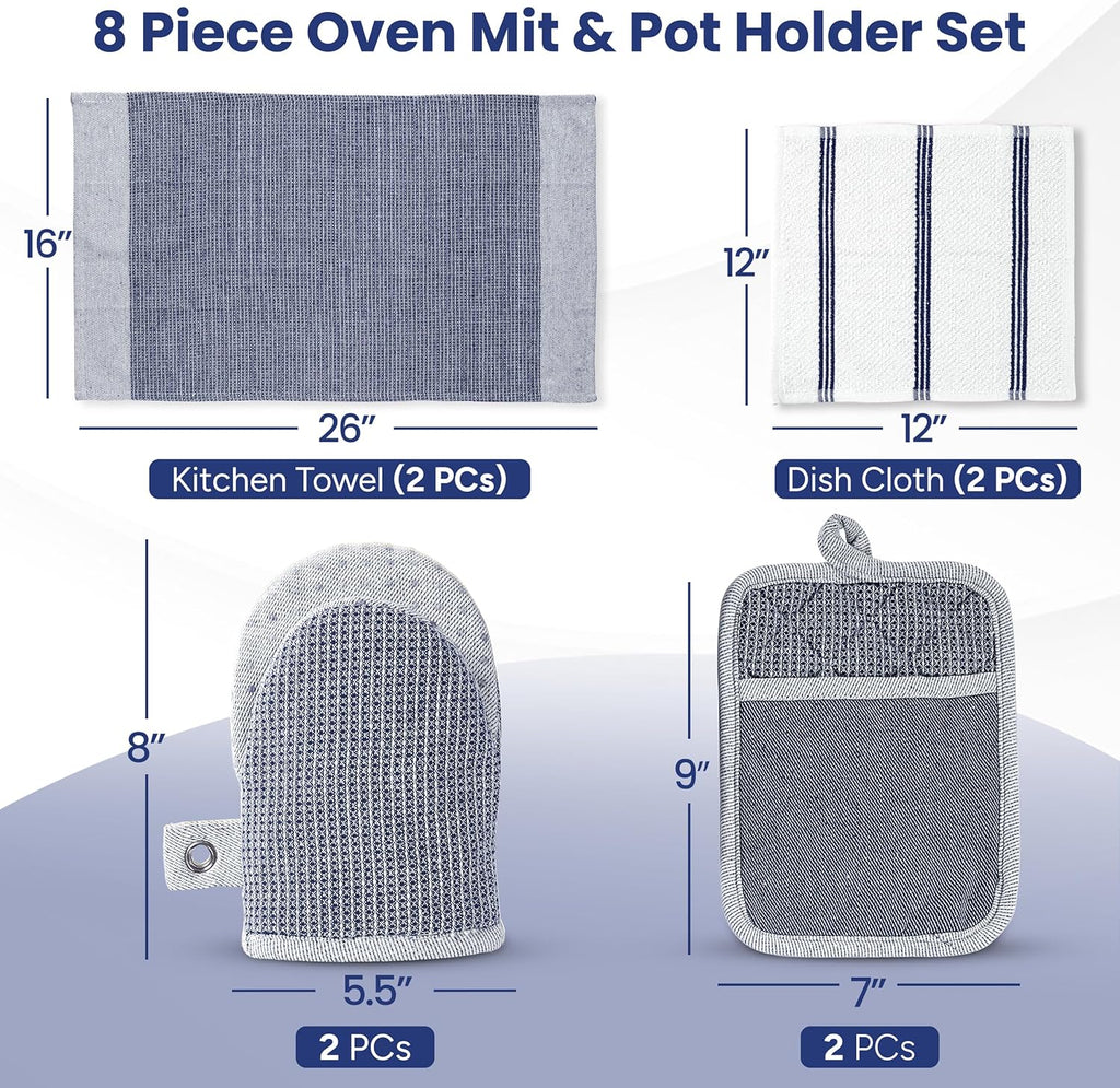 Casa Platino Mini Oven Mitts Set, 8-Piece – 500°F Heat Resistant Silicone Oven Mitts, Potholders for Kitchens, 2 Kitchen Towels & 2 Dish Cloths – Non-Slip & Durable – Indigo