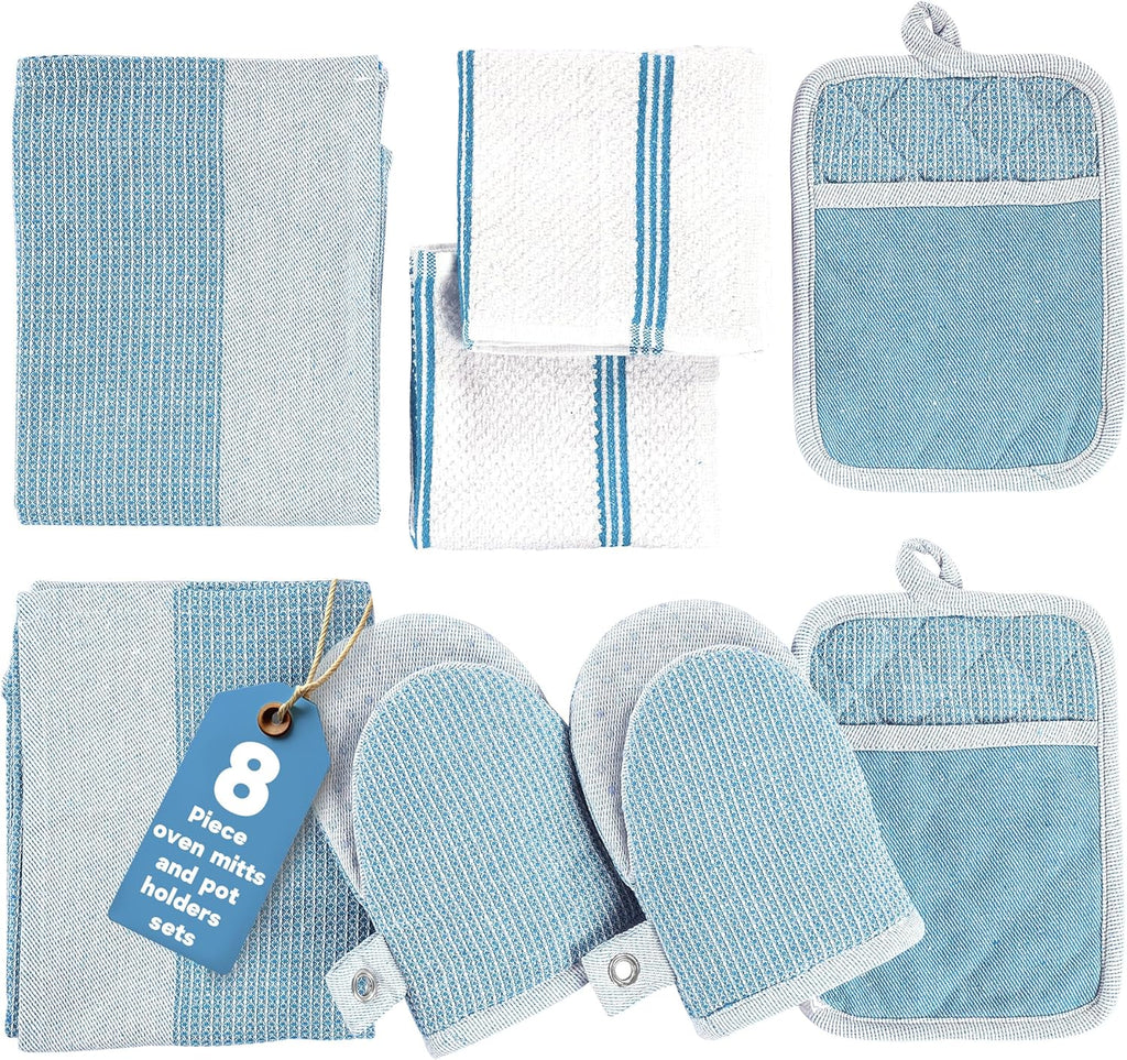 Casa Platino Silicone Oven Mitts Set, 8-Piece – 500°F Heat Resistant Mini Oven Mitt Set, Potholders for Kitchens, 2 Kitchen Towels & 2 Dish Cloths – Durable, Non-Slip & Machine Washable – Cornflower