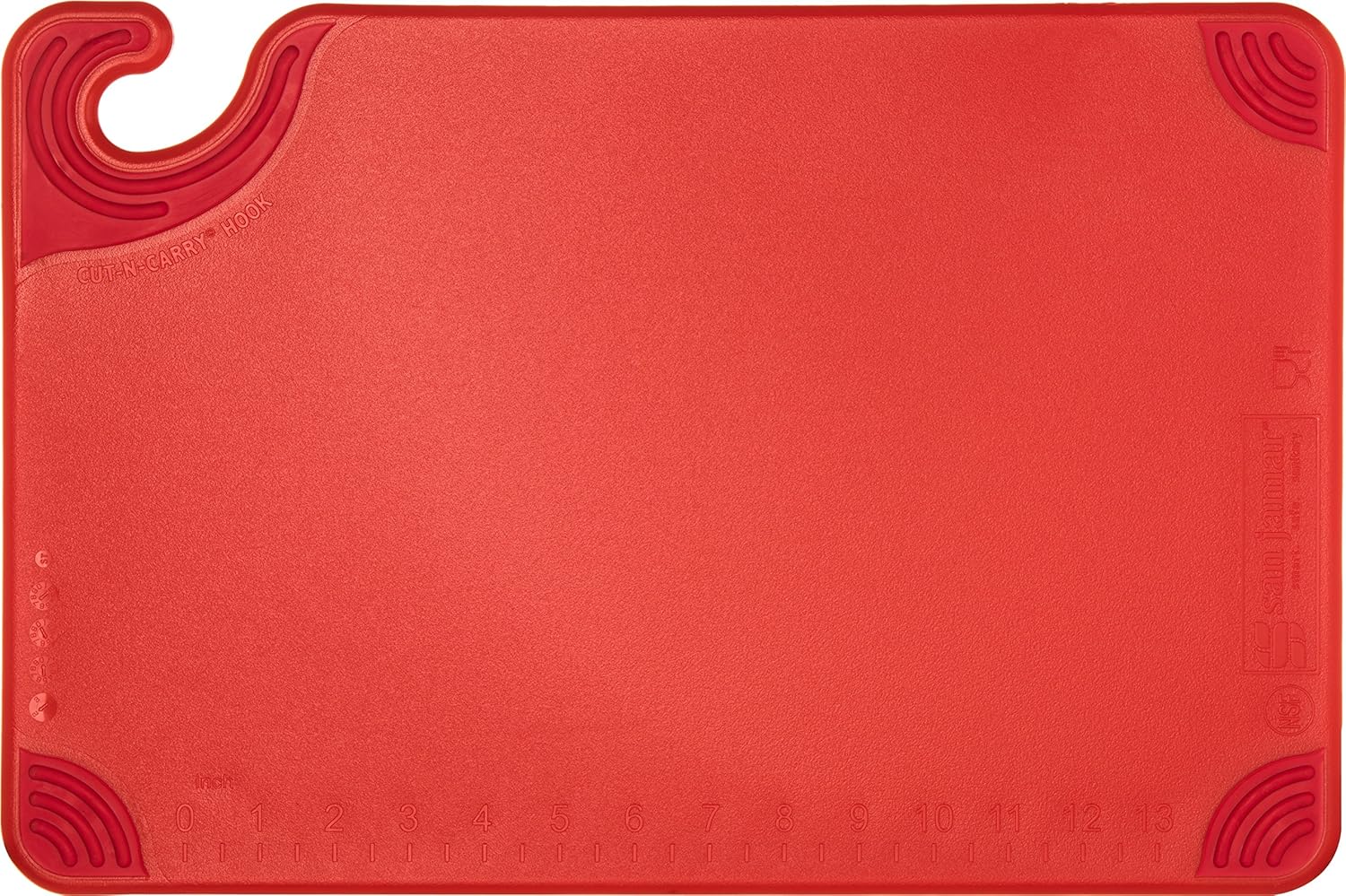 San Jamar Saf-T-Grip Plastic Cutting Board with Safety Hook, 12" x 18" x 0.5", Red