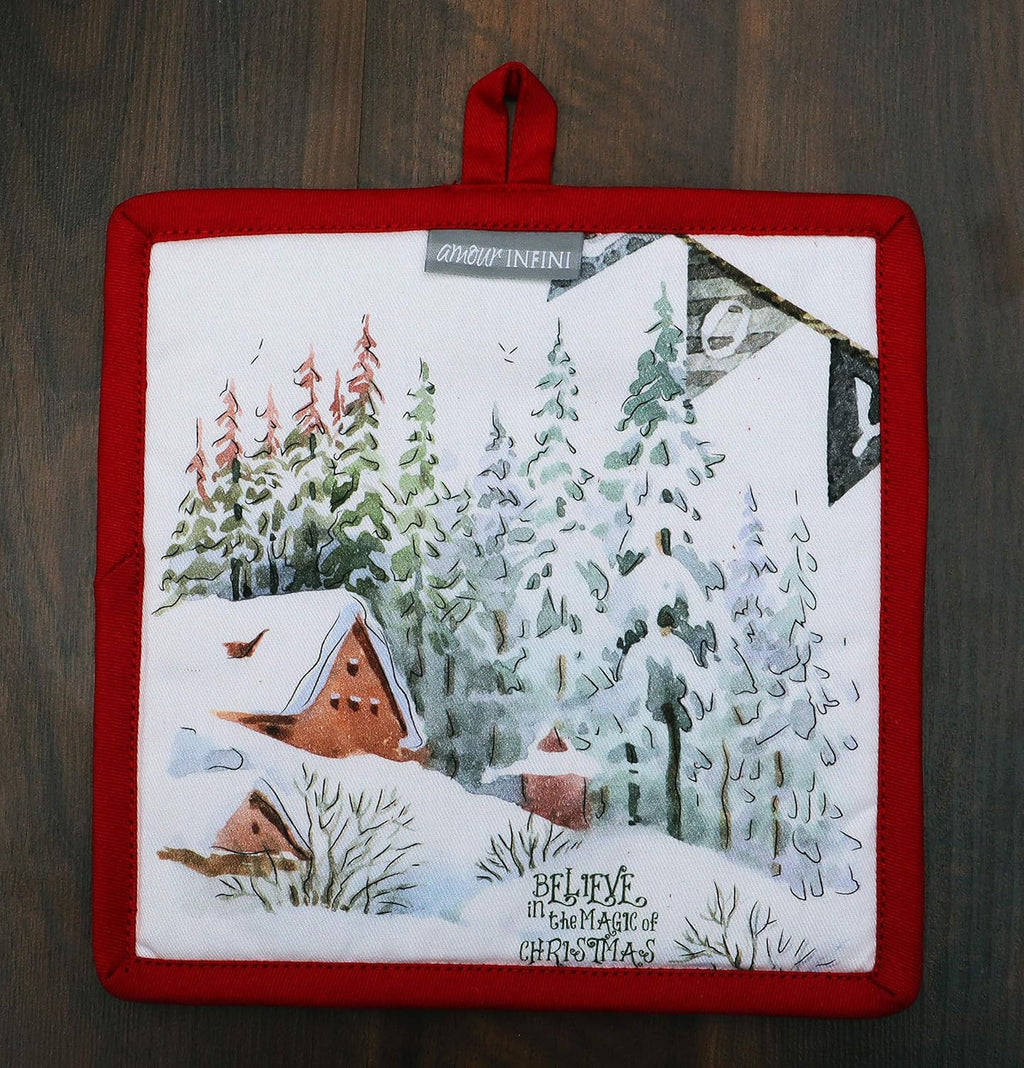 AMOUR INFINI Pot Holders Heat Resistant Cotton Set of 2 Nonslip 8"x8" Inch Hot Pads for Kitchen, BBQ, Baking & Cooking with Hanging Loops (Christmas Winter)