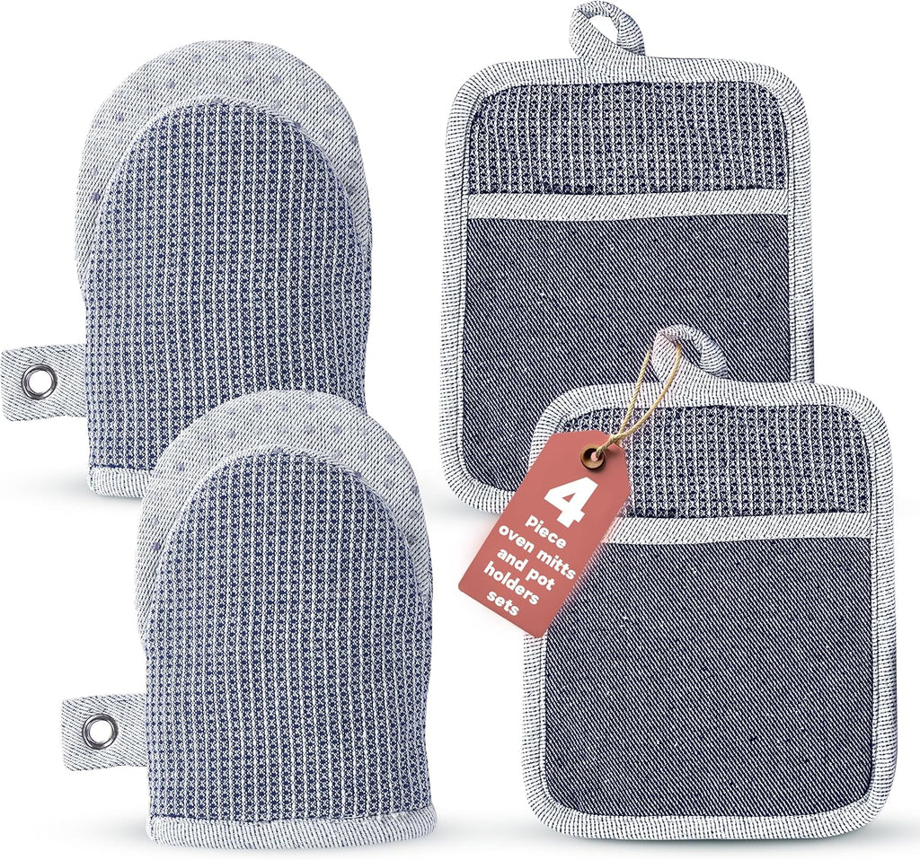 Casa Platino Silicone Oven Mitts & Potholders, 4-Piece – Pot Holders and Oven Mitts for BBQ & Baking, Oven Mitt for Kitchen & Microwave – Heat Resistant Up to 500°F, Durable & Flexible – Indigo