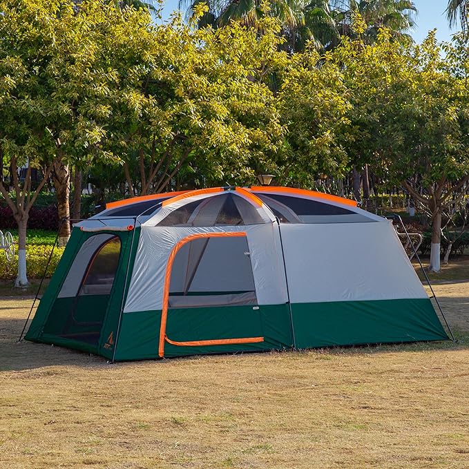 KTT Extra Large Tent 10-12-14 Person(A),Family Cabin Tents,2 Rooms,3 Doors and 3 Windows with Mesh,Straight Wall,Waterproof,Double Layer,Big Tent for Outdoor,Picnic,Camping,Family Gathering