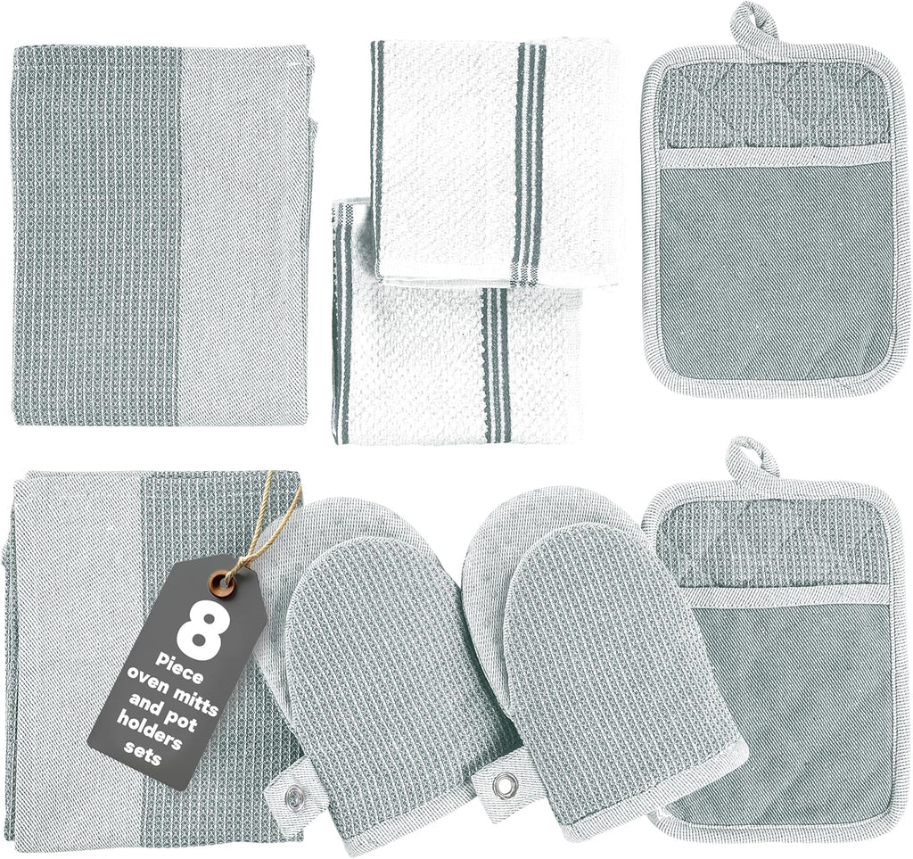 Casa Platino 8-Piece Mini Oven Mitt & Pot Holder Set – 500°F Heat Resistant with Silicone Grip, Includes 2 Kitchen Towels & 2 Dish Cloths for Drying – Non-Slip, Durable, Machine Washable – Grey