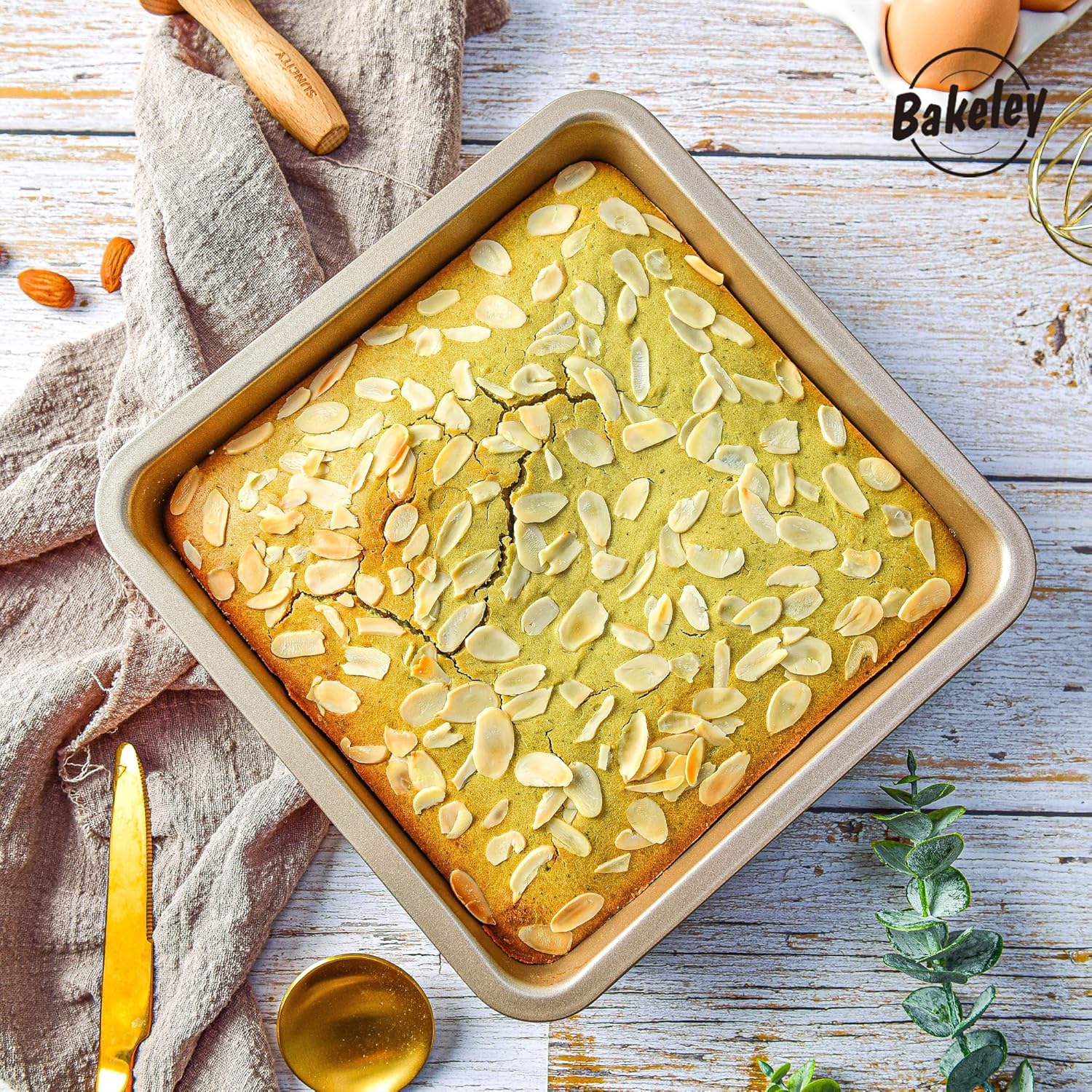 8 inch square cake pan (Set of 2), 8 inch square baking pan, 8 in square pan, Non-stick carbon steel, 8'' Brownie Pan and Loaf Pan (Champagne Gold)