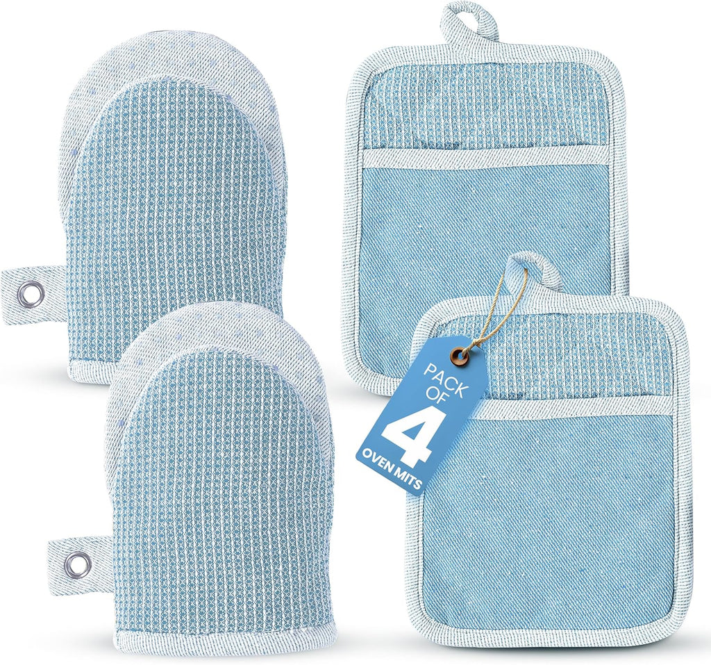 Casa Platino BBQ Gloves & Potholders Set, 4Pc Kitchen Mitts for Oven & Baking, Pot Holder for Hot Pots & Dishes – Heat Resistant Up to 500°F, Non-Slip & Machine Washable – Cornflower