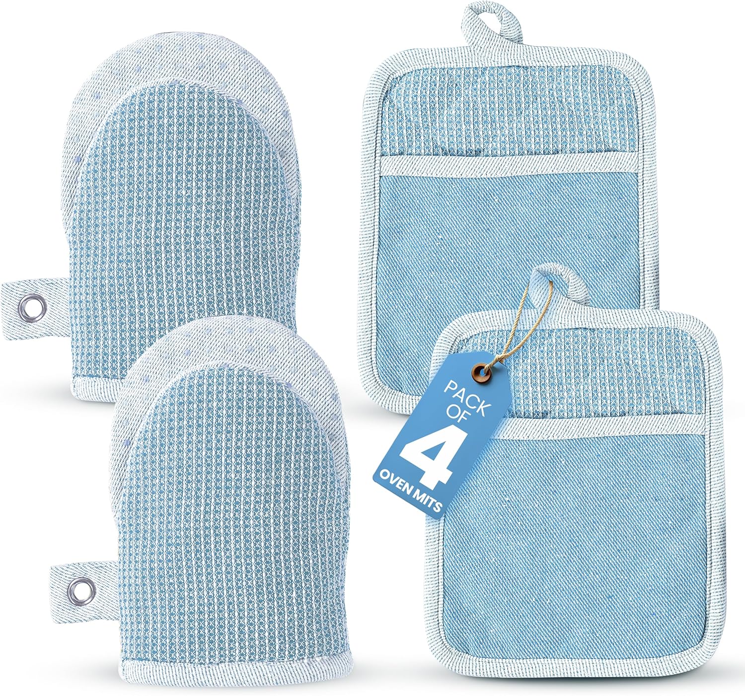 Casa Platino BBQ Gloves & Potholders Set, 4Pc Kitchen Mitts for Oven & Baking, Pot Holder for Hot Pots & Dishes – Heat Resistant Up to 500°F, Non-Slip & Machine Washable – Cornflower