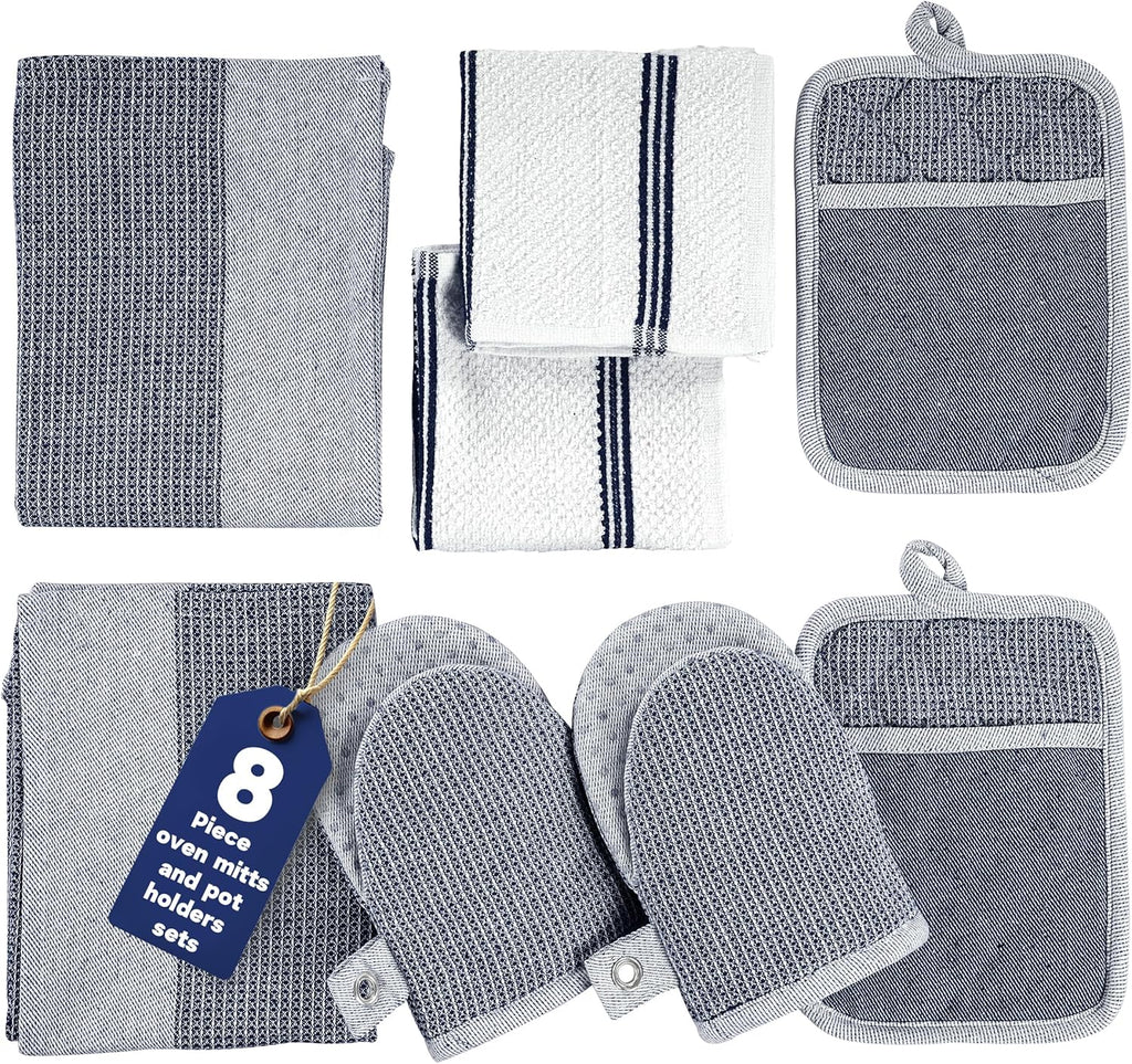 Casa Platino Mini Oven Mitts Set, 8-Piece – 500°F Heat Resistant Silicone Oven Mitts, Potholders for Kitchens, 2 Kitchen Towels & 2 Dish Cloths – Non-Slip & Durable – Indigo