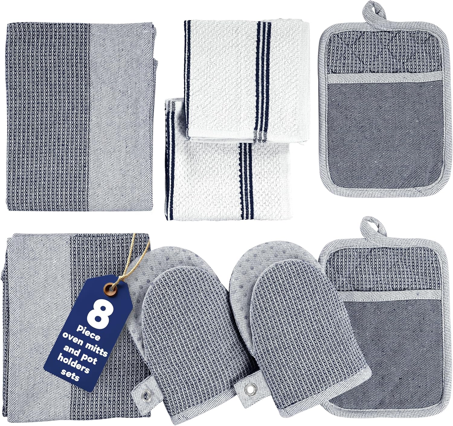 Casa Platino Mini Oven Mitts Set, 8-Piece – 500°F Heat Resistant Silicone Oven Mitts, Potholders for Kitchens, 2 Kitchen Towels & 2 Dish Cloths – Non-Slip & Durable – Indigo